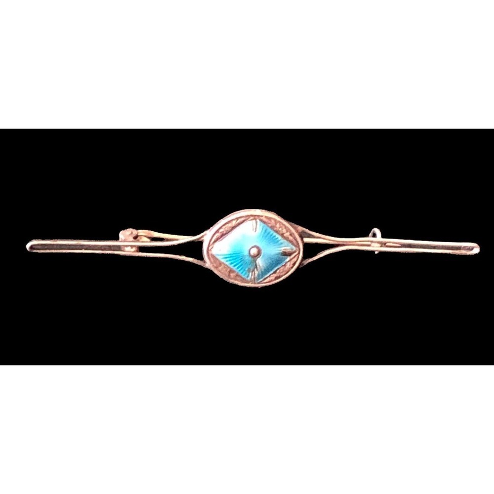 Antique Sterling Silver Blue Guilloche C Clasp Bar Pin Brooch Jewelry Edwardian